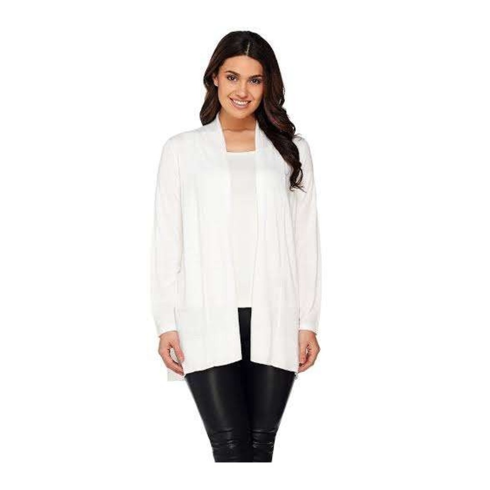 Susan Graver Open Front Long Sleeve Cardigan Sweater In Ivory-Size L- Minimalist